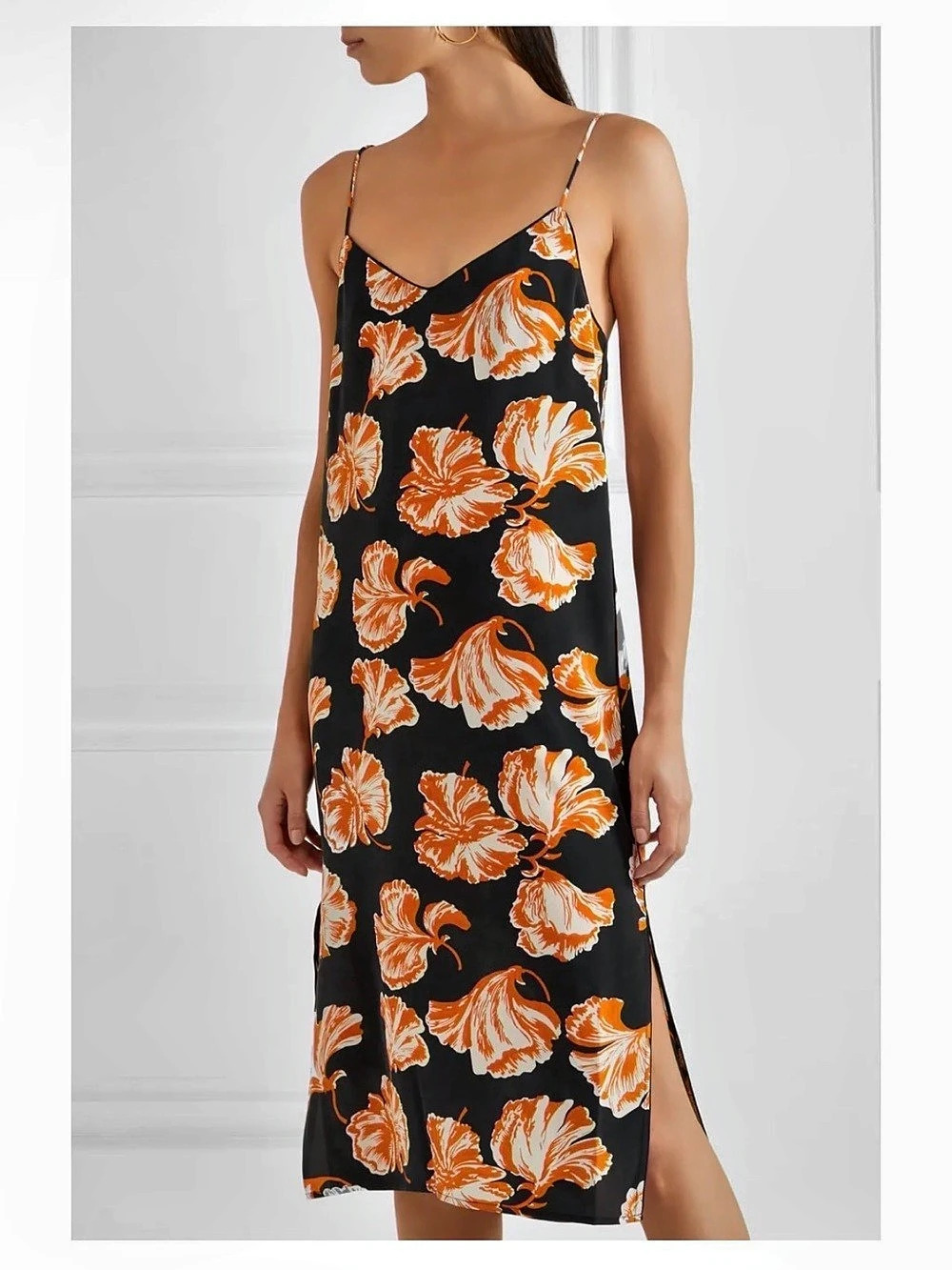 Floral Maxi Silk Slip Dress in Black & Orange